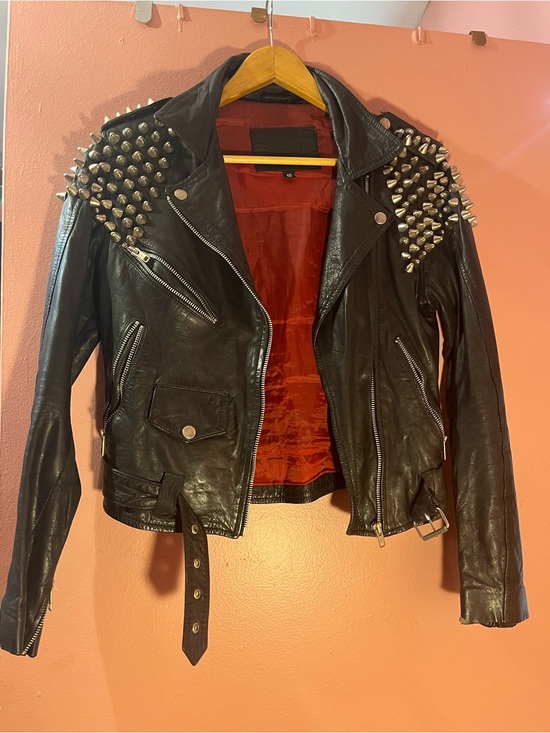 The Ragged Priest Jackets & Blazers - The Ragged Priest Black Leather Studded Moto Jacket with Red Lining